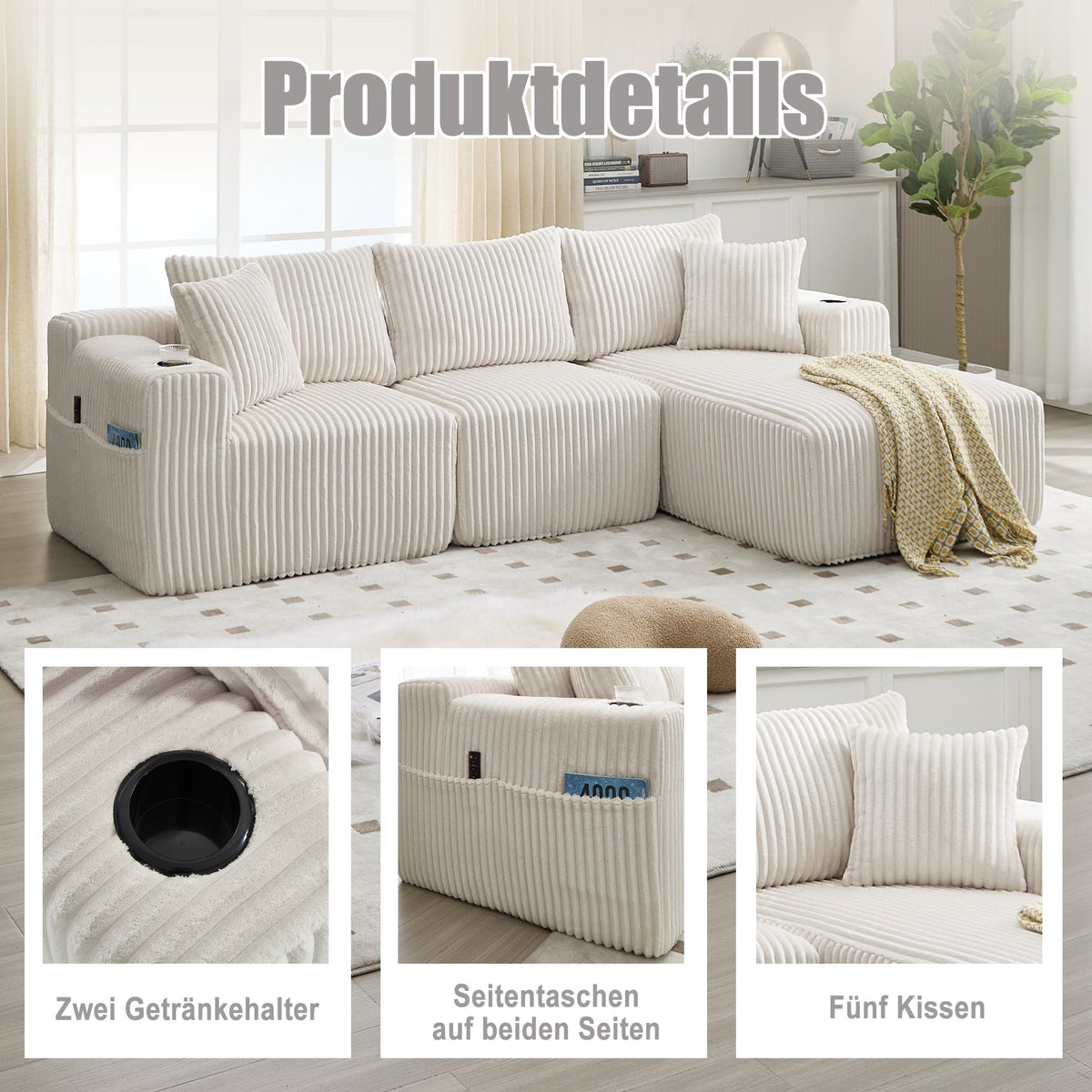 Modular Sofa Set Chaise & 2-Seater, DIY Combination, Corduroy Fabric