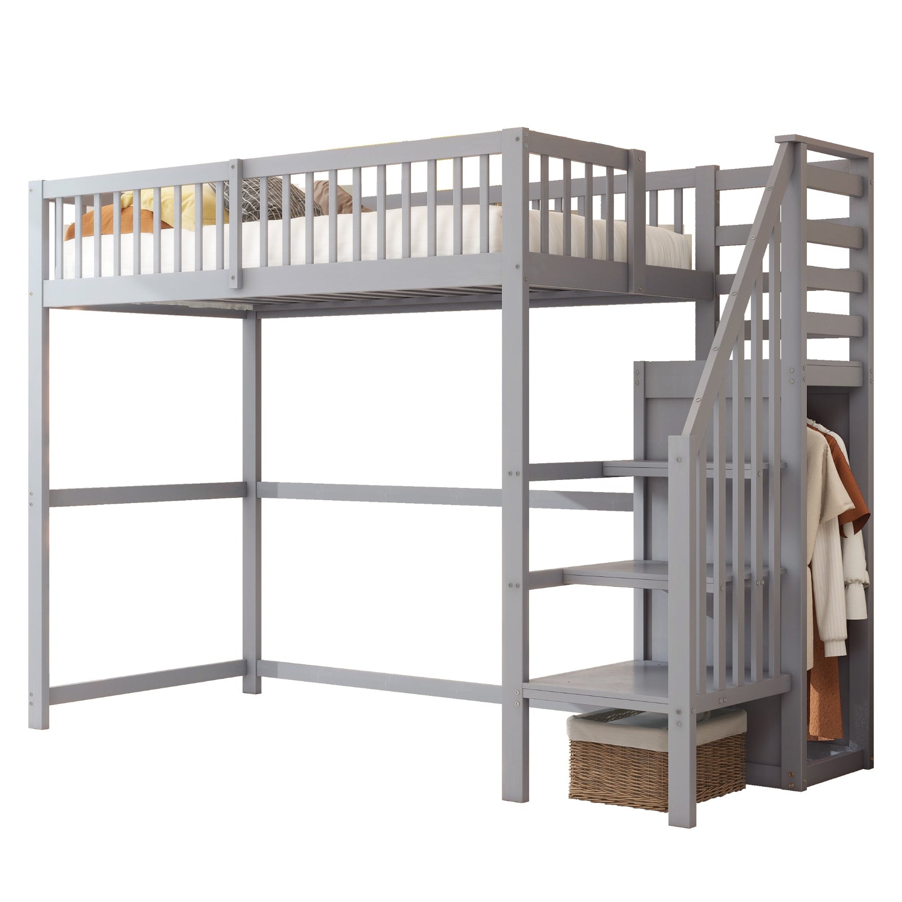 Loft Bed 90x200 with Stairs Storage Shelf Wardrobe Wooden Grey