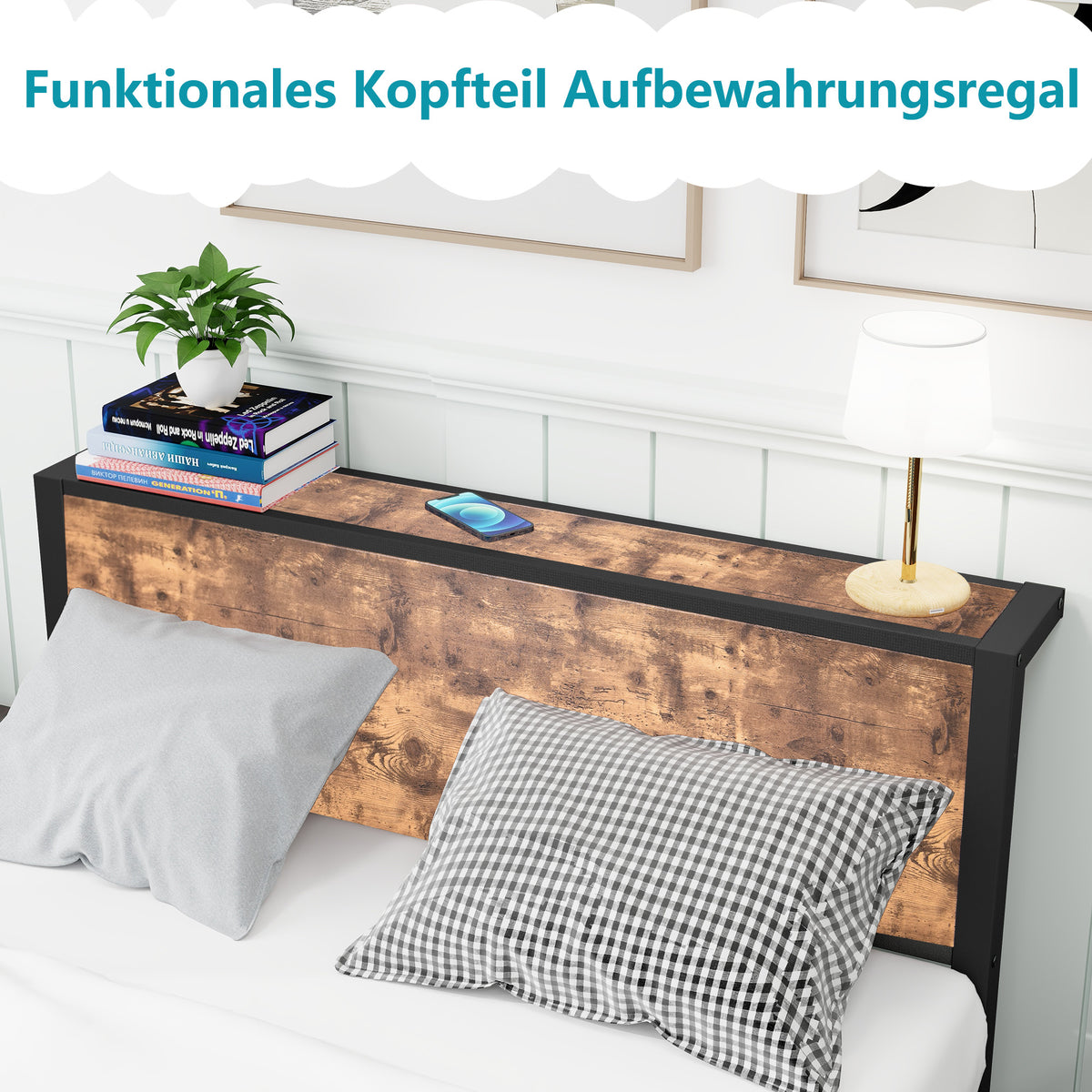 Metal Platform Bed Frame 120x200cm Storage Headboard, Vintage Brown