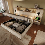 Upholstered Bed 180x200 with Storage, LED & USB, Beige Linen Fabric