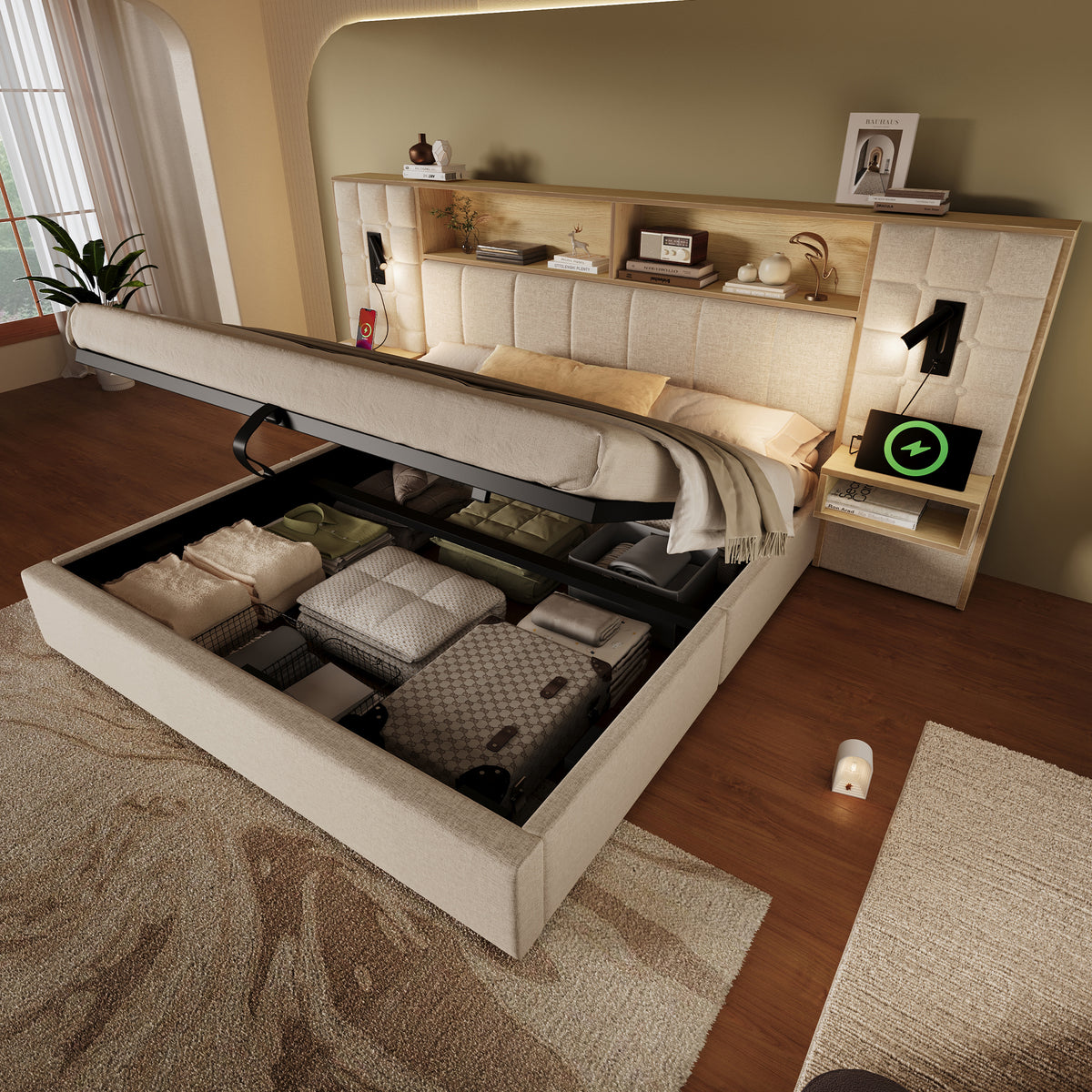 Upholstered Bed 180x200 with Storage, LED & USB, Beige Linen Fabric