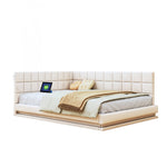Sofa Bed, Upholstered 160*200 Multifunctional with LED, USB, Linen Fabric Beige