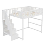 Children's Bunk Bed with Stairs, Safety Railing, Star/Moon Decoration, Solid Wood, White