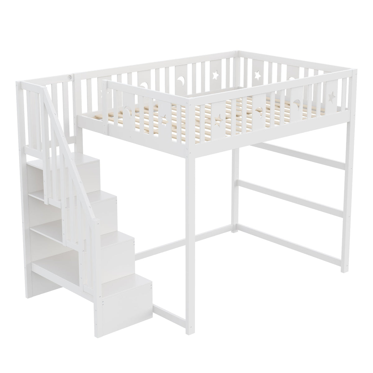 Children's Bunk Bed with Stairs, Safety Railing, Star/Moon Decoration, Solid Wood, White