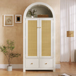 Wardrobe with Rattan Weave and 2 Doors, 181x78x45cm, White Wood