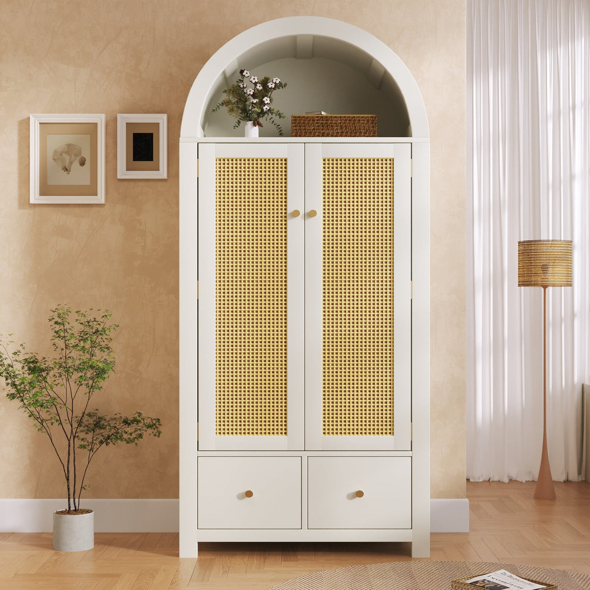 Wardrobe with Rattan Weave and 2 Doors, 181x78x45cm, White Wood