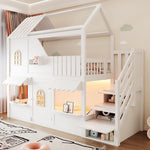Children's House Bunk Bed 90x200cm with Storage Ladder & LED, White