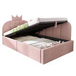 Upholstered Daybed with Hydraulic Storage and Crown-Lattice Design, 90x190cm, Pink Velvet