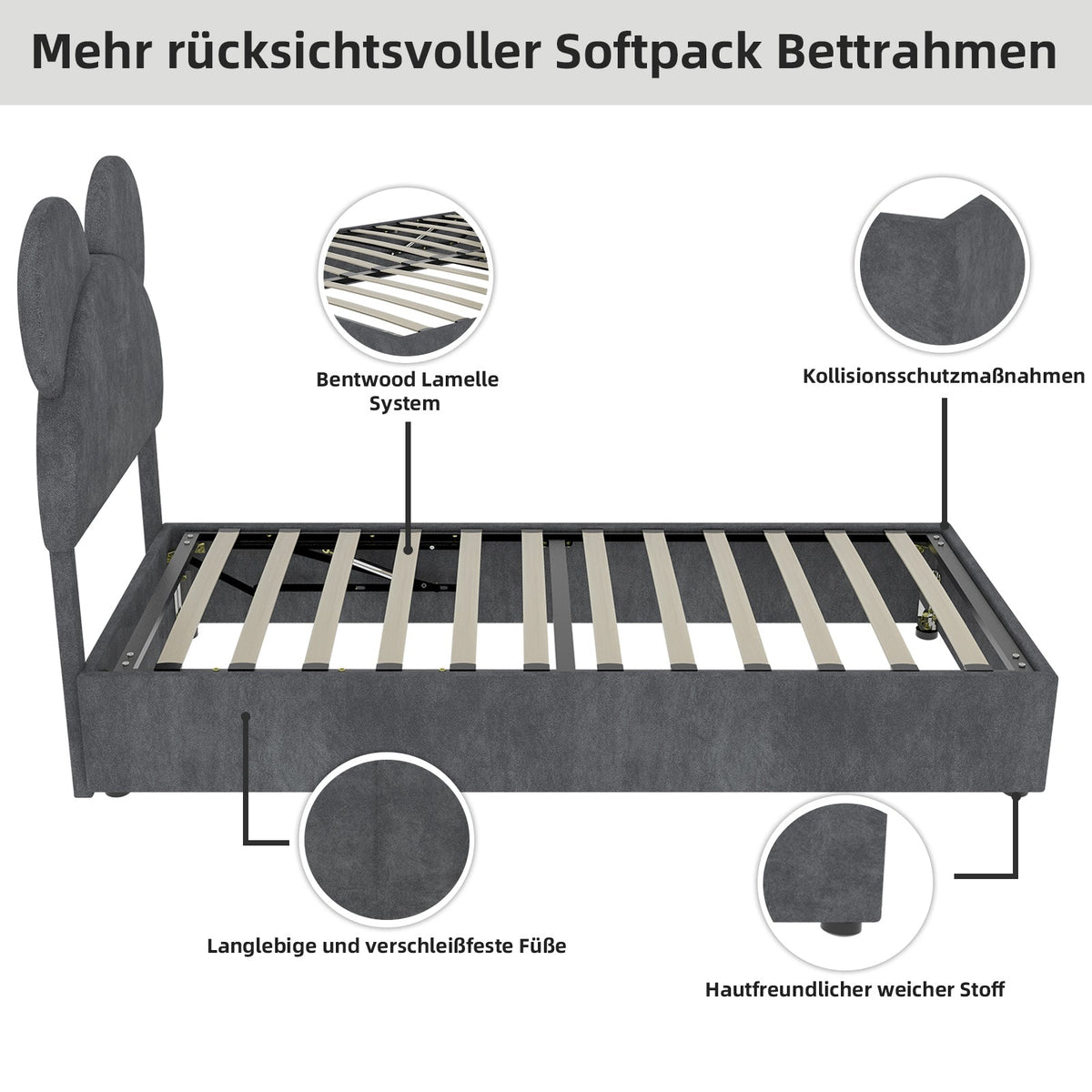 Modern Minimalist Upholstered Bed with Cartoon Headboard, 140x200 cm, Grey