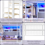 Loft Bed with Storage Compartment, LED Light Strip and Clothes Rail, White Iron Frame