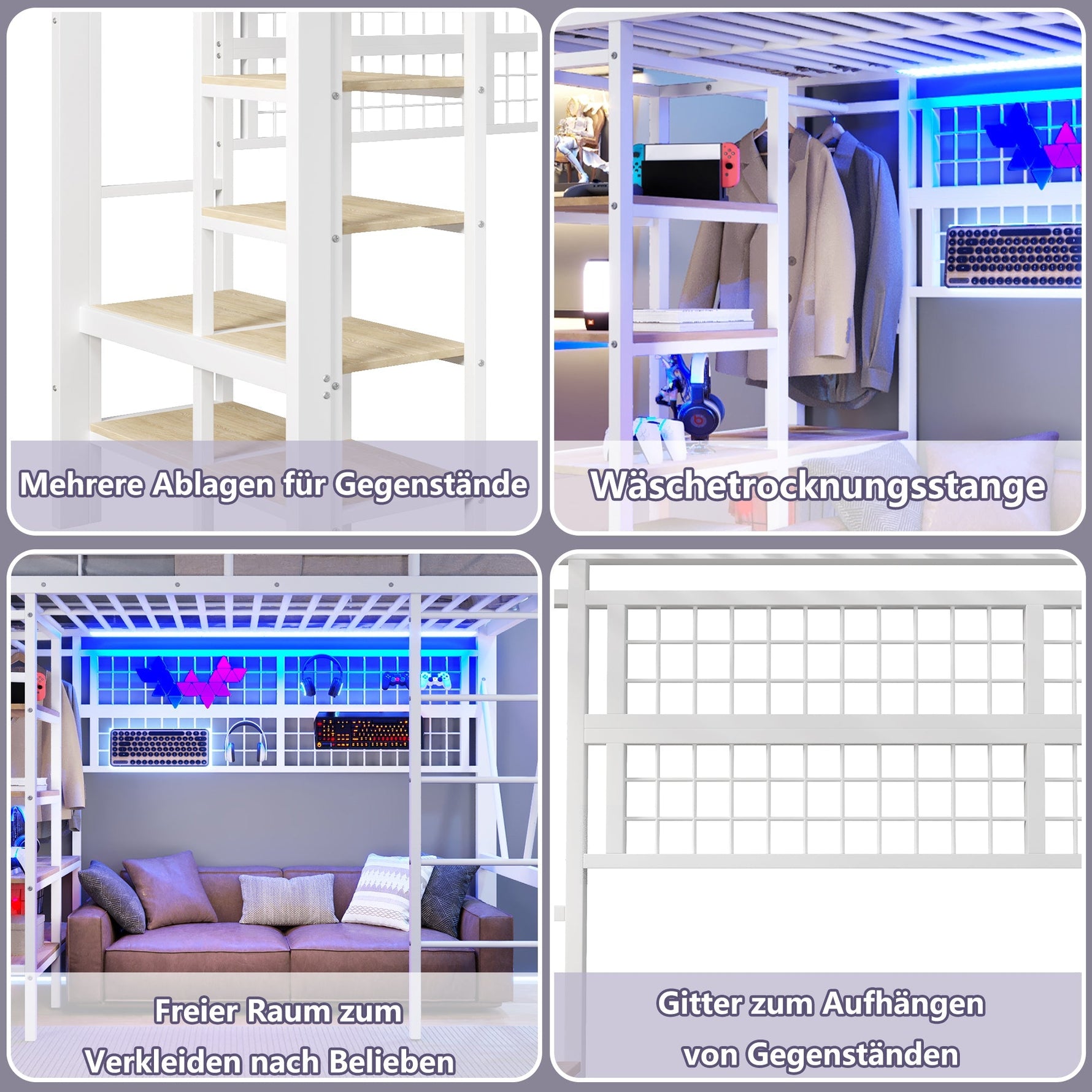 Loft Bed with Storage Compartment, LED Light Strip and Clothes Rail, White Iron Frame