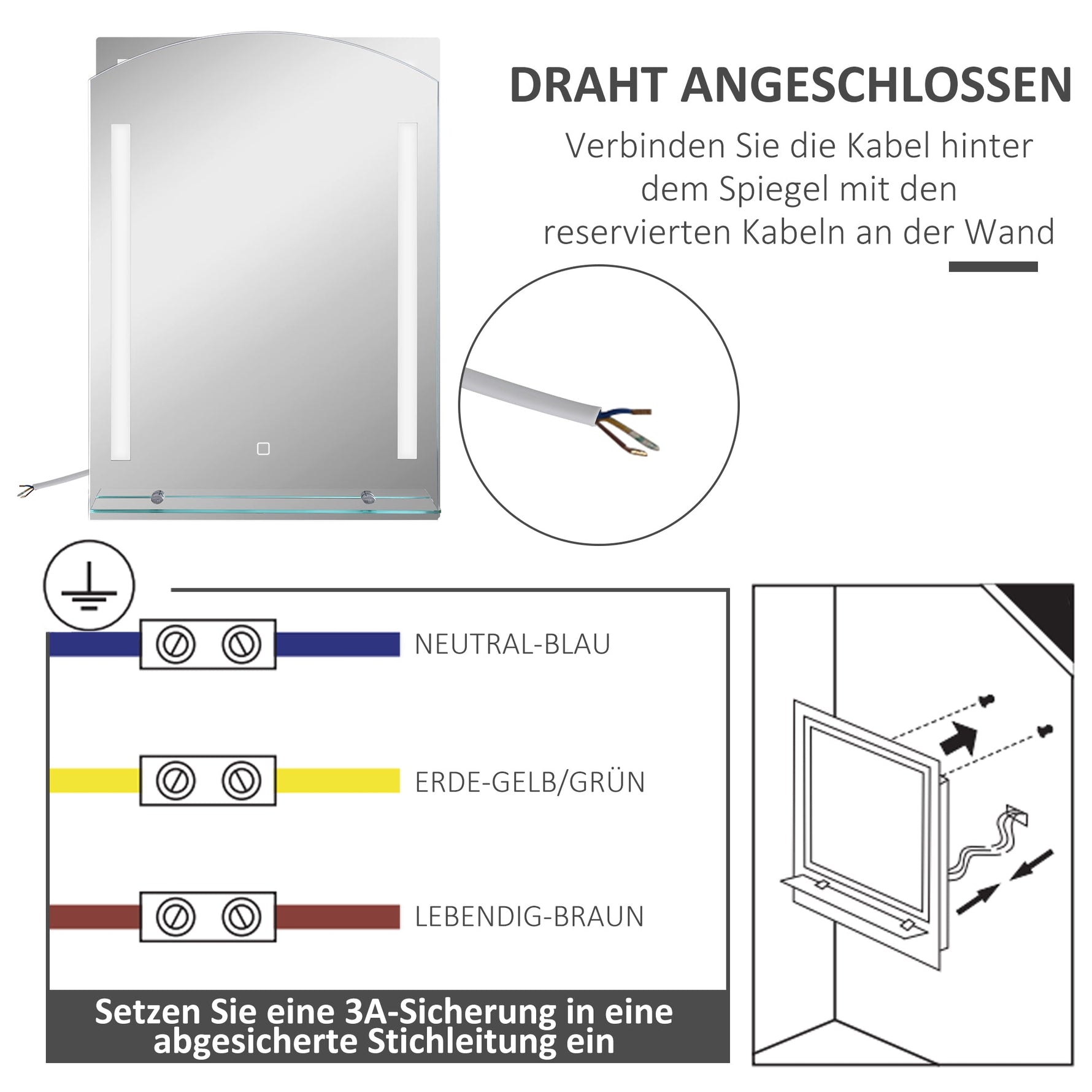 Kleankin Bathroom Mirror, LED, Touch Switch, Aluminum