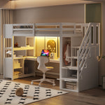 Wooden Loft Bed with Wardrobe, Desk, Storage Stairs, LED and Sockets, 90x200cm, White Pine + MDF