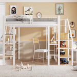 Loft Bed, 140x200cm with Storage Shelf, Desk, Wardrobe, Safety Steps, Iron, White