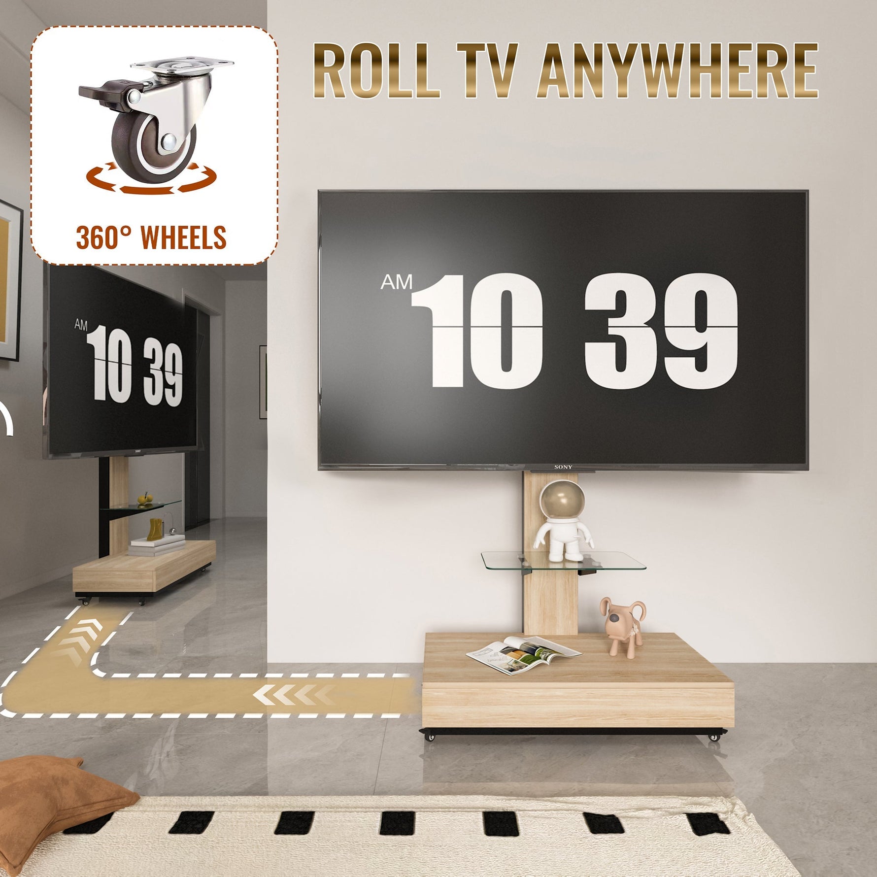 Mobile TV Cart - Height Adjustable Drawers for 32-75 Inch TVs - Natural Finish