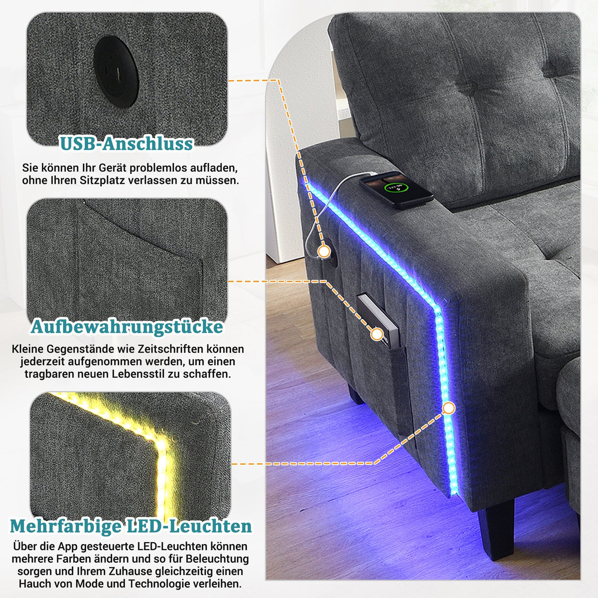 L-Shaped Sofa Set, Multifunctional with Movable Footstool & LED Lighting, Modern Modular