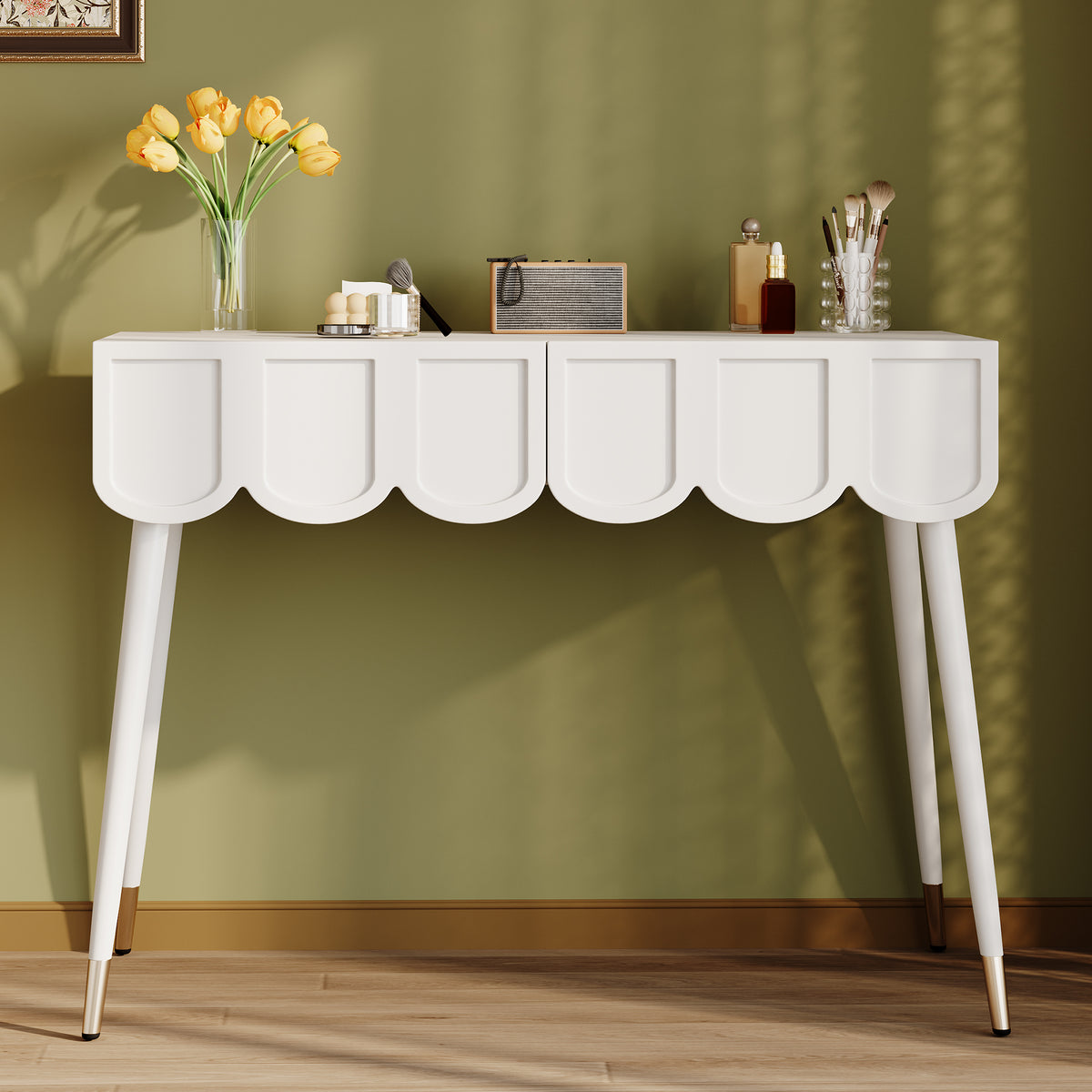 Dressing Vanity Table with 2 Drawers and Metal Legs in White