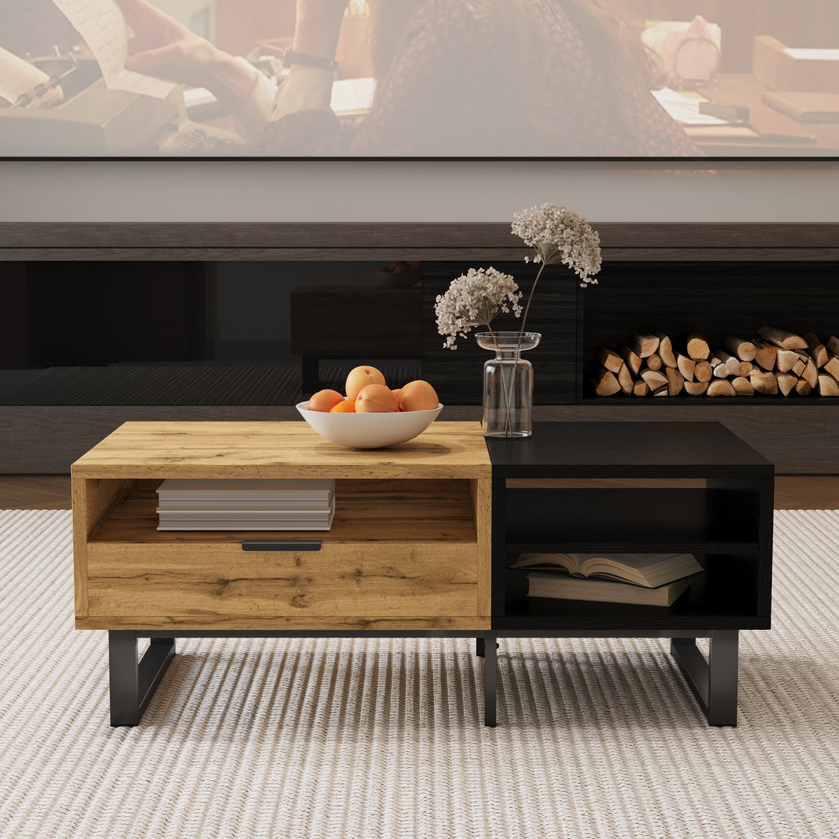 Coffee Table with Color Block, Compartments, Drawers, Metal Legs