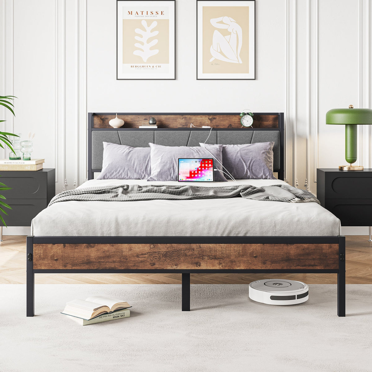 Bed Frame 140x200cm Smart LED USB Metal Slatted Noise-Free, Metal