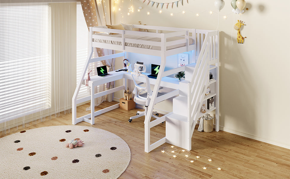 Wooden Loft Bed 90x200 with Desk, LED, USB & Storage Stairs, White