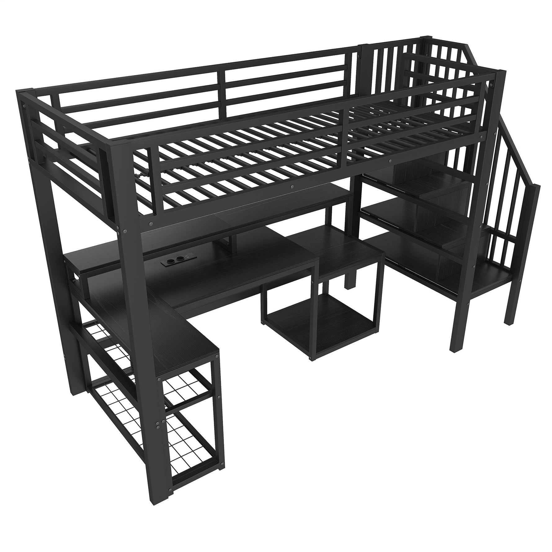 Loft Bed with Desk, Storage Staircase and LED Lights, Black Iron Frame