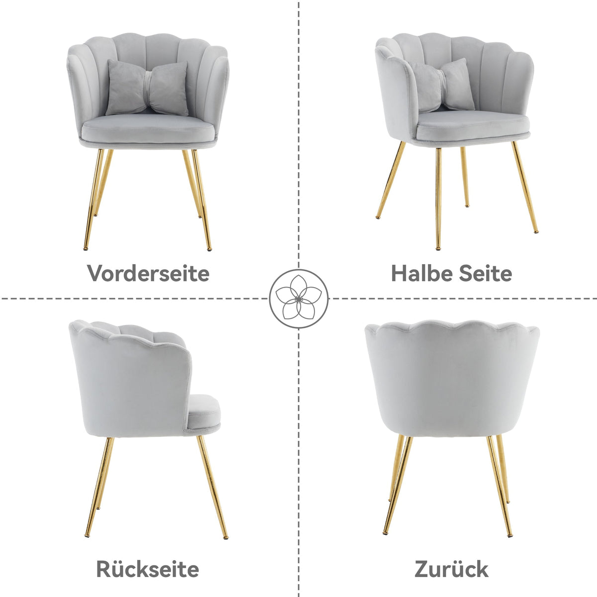 Chairs, Set of 4 Velvet Upholstered with Petal Back & Gold Legs, Modern