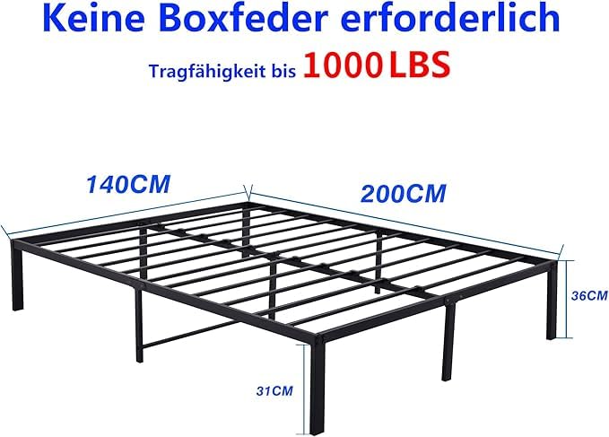 Metal Bed Frame 140x200 cm - Sturdy Platform Bed, Metal