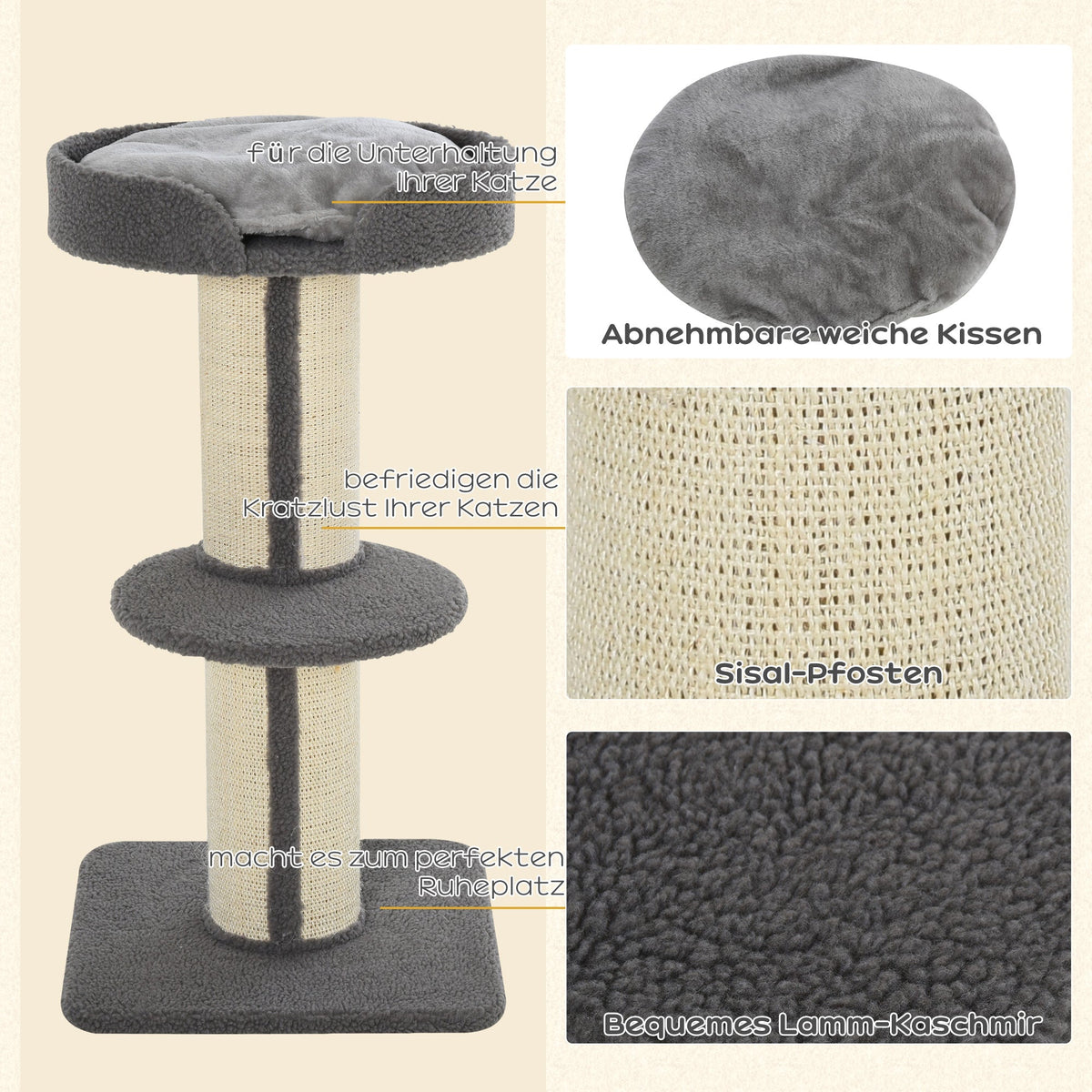 Cat Scratching Post, Sturdy with Platform, Sisal, Grey