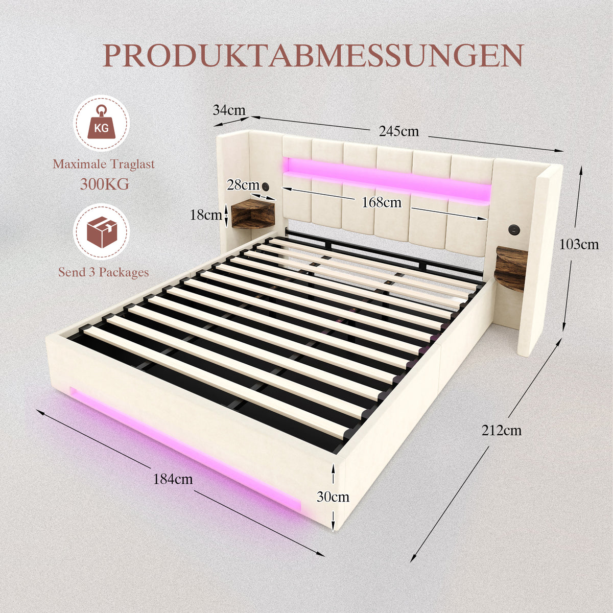 Multifunctional Bed Frame with LED & USB 180x200cm - Velvet