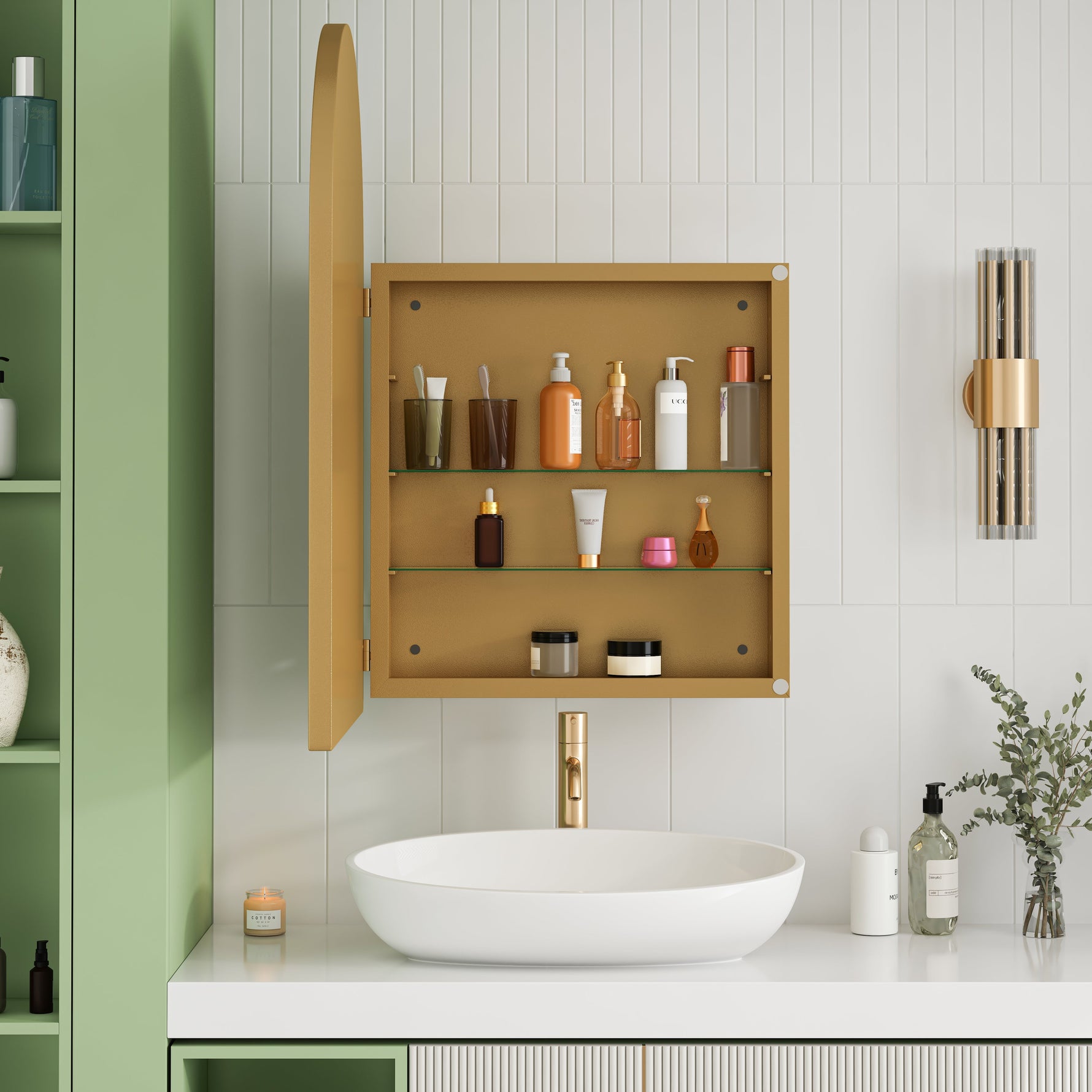 Stylish Arched Mirror Cabinet, Recessed Wall Storage Metal Framed, Gold