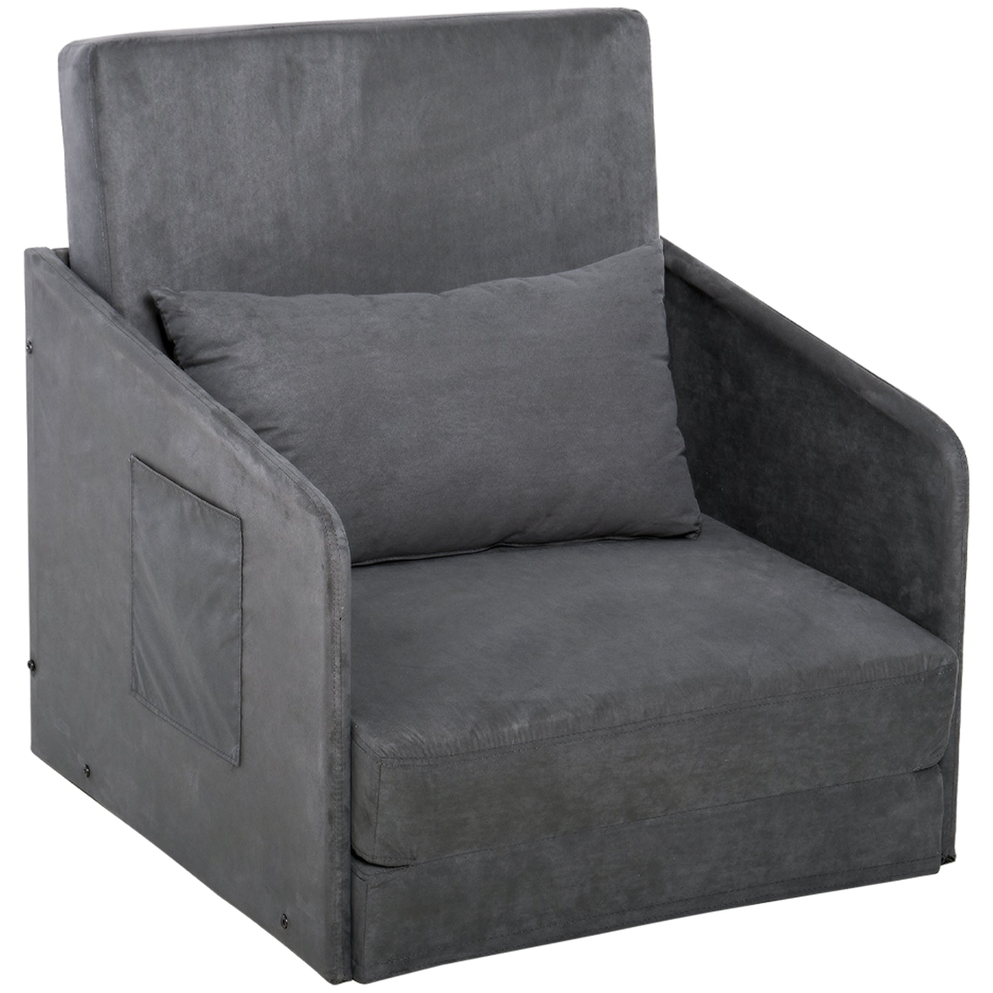 Sofa Bed, Single, Washable Cover, 2 Side Pockets, Metal Frame, Grey