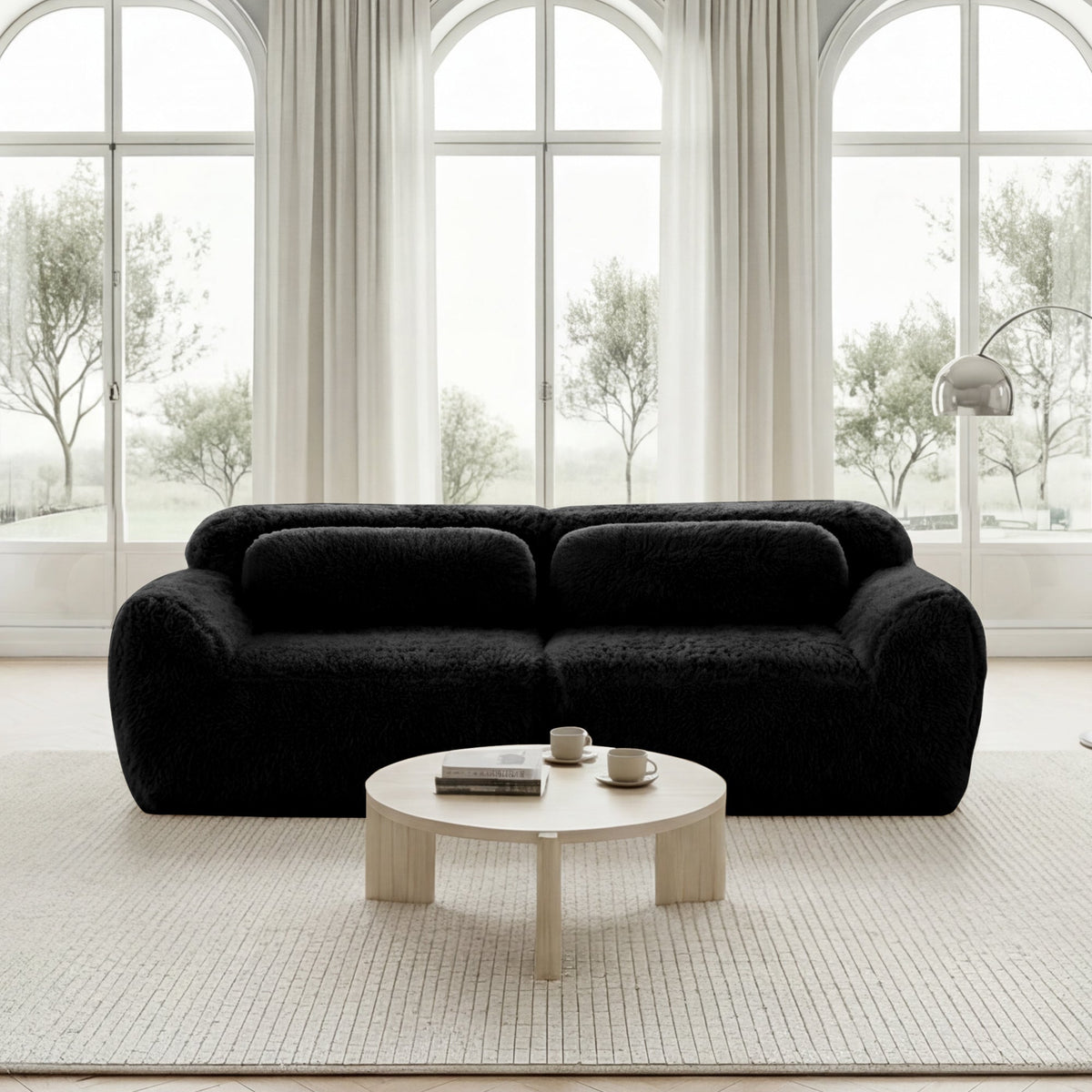 2-Seater Sofa Modular Frameless Plush Fabric with Cushions - Black
