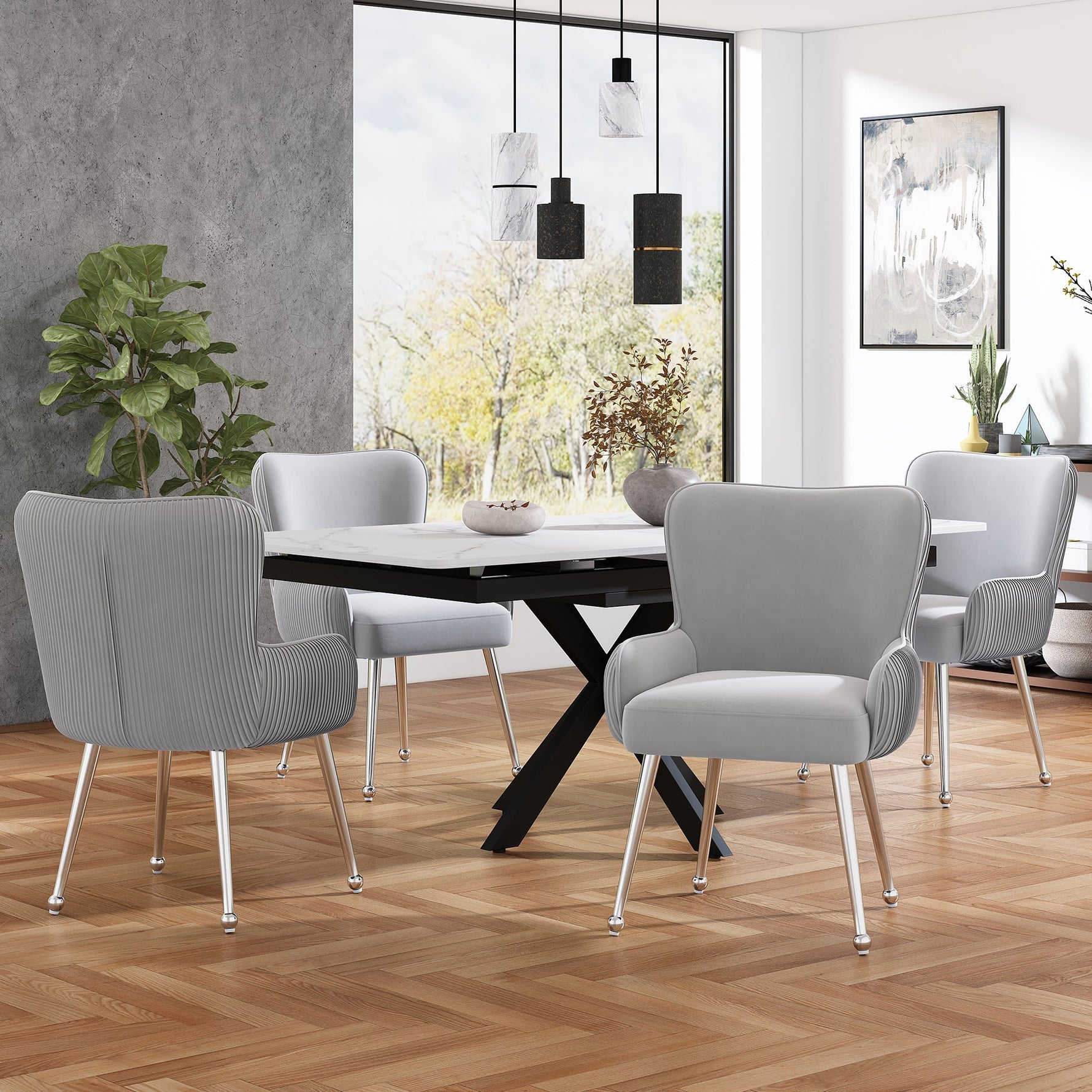 Velvet Dining Chair Set of 4 with Armrests Lumbar Support Adjustable Feet Grey