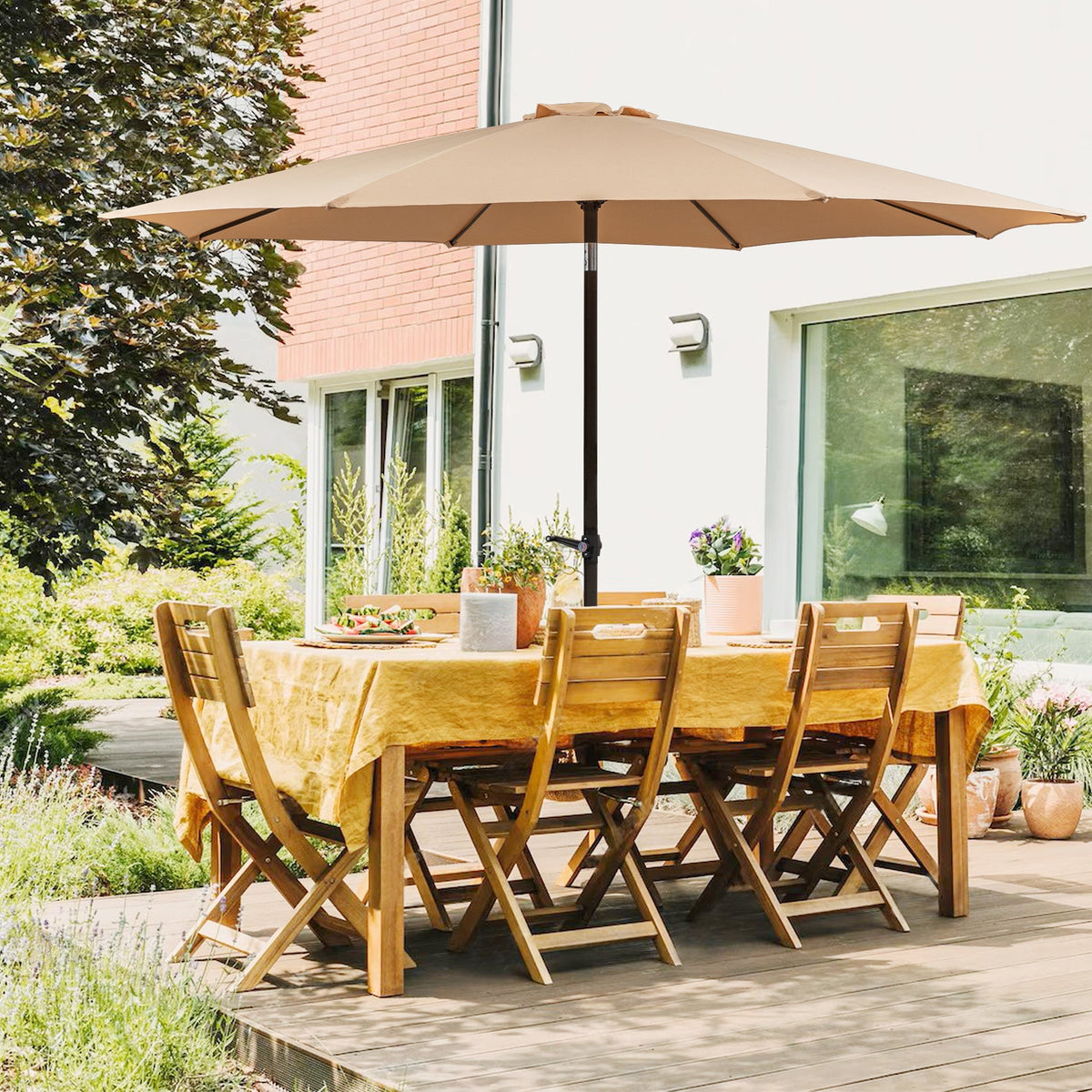 Garden Parasol 300x245cm Double Crank 8-Ribs Waterproof Fabric Khaki