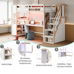 Wooden Loft Bed 90x200cm Wardrobe Desk Storage Stairs LED Sockets Wood Color