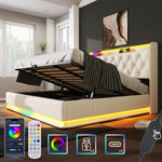 Upholstered Bed Double, 360 LED, Hydraulic Storage, USB-C Charging, 180x200 cm White PU