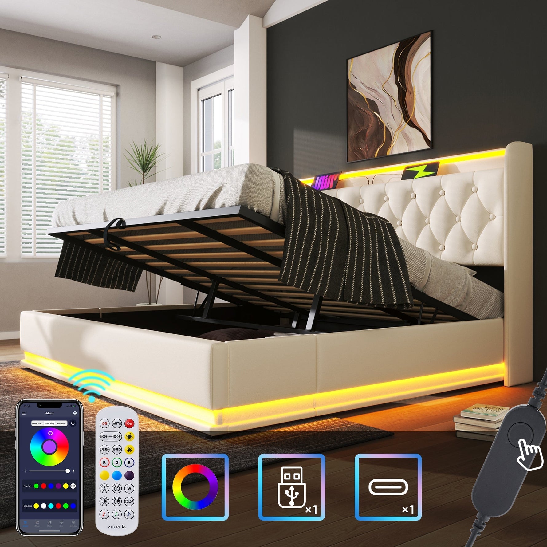 Upholstered Bed Double, 360 LED, Hydraulic Storage, USB-C Charging, 180x200 cm White PU