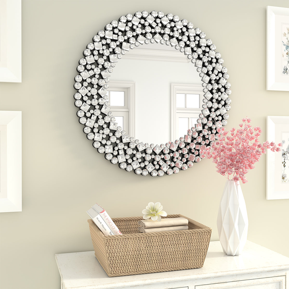 Wall Mirror, Round Crystal Accent 34 inch
