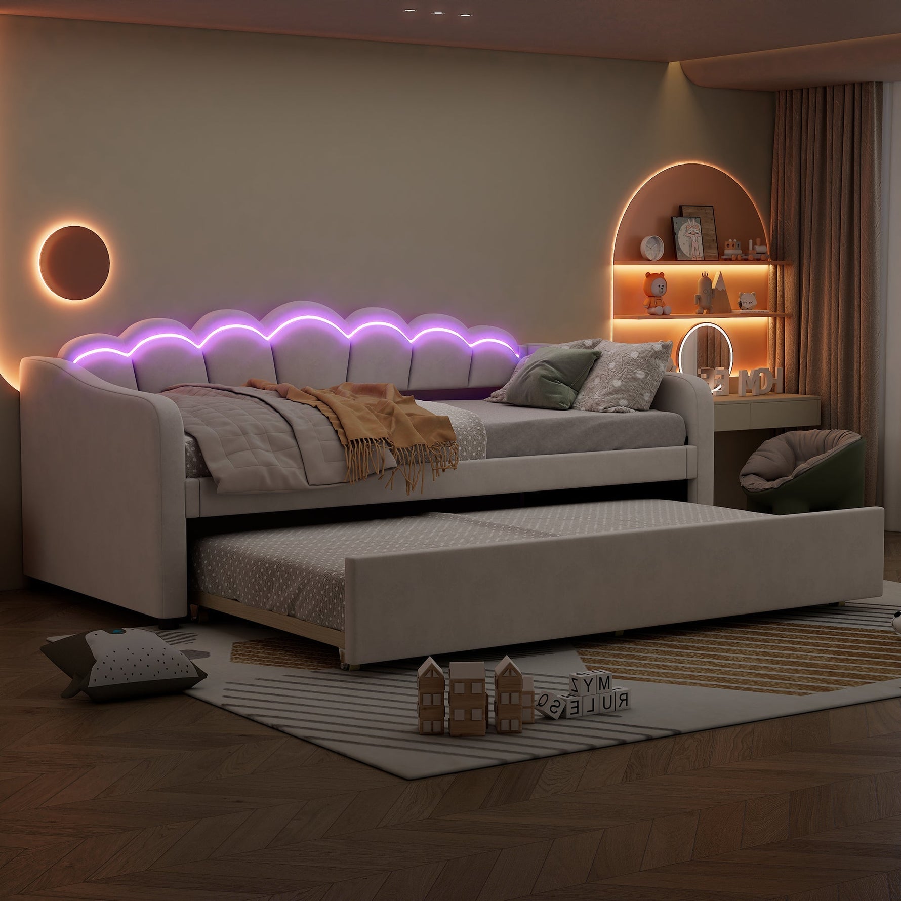 Daybed Sofa Bed 90x200cm Pull-out Bed Ambient Light Remote - Velvet Beige