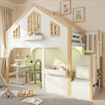 House Bunk Bed 90x200cm with LED & Storage Stairs, White+Natural