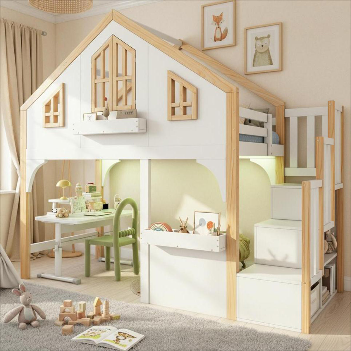 House Bunk Bed 90x200cm with LED & Storage Stairs, White+Natural