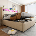 Upholstered Bed 140x200cm with Storage & LED, Beige Linen