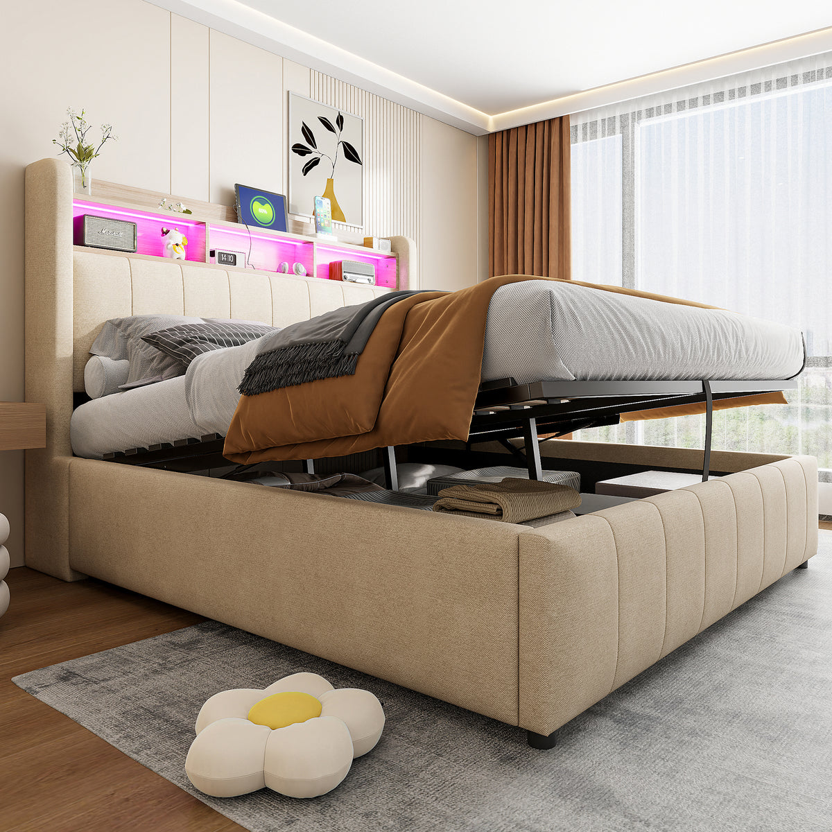Upholstered Bed 140x200cm with Storage & LED, Beige Linen