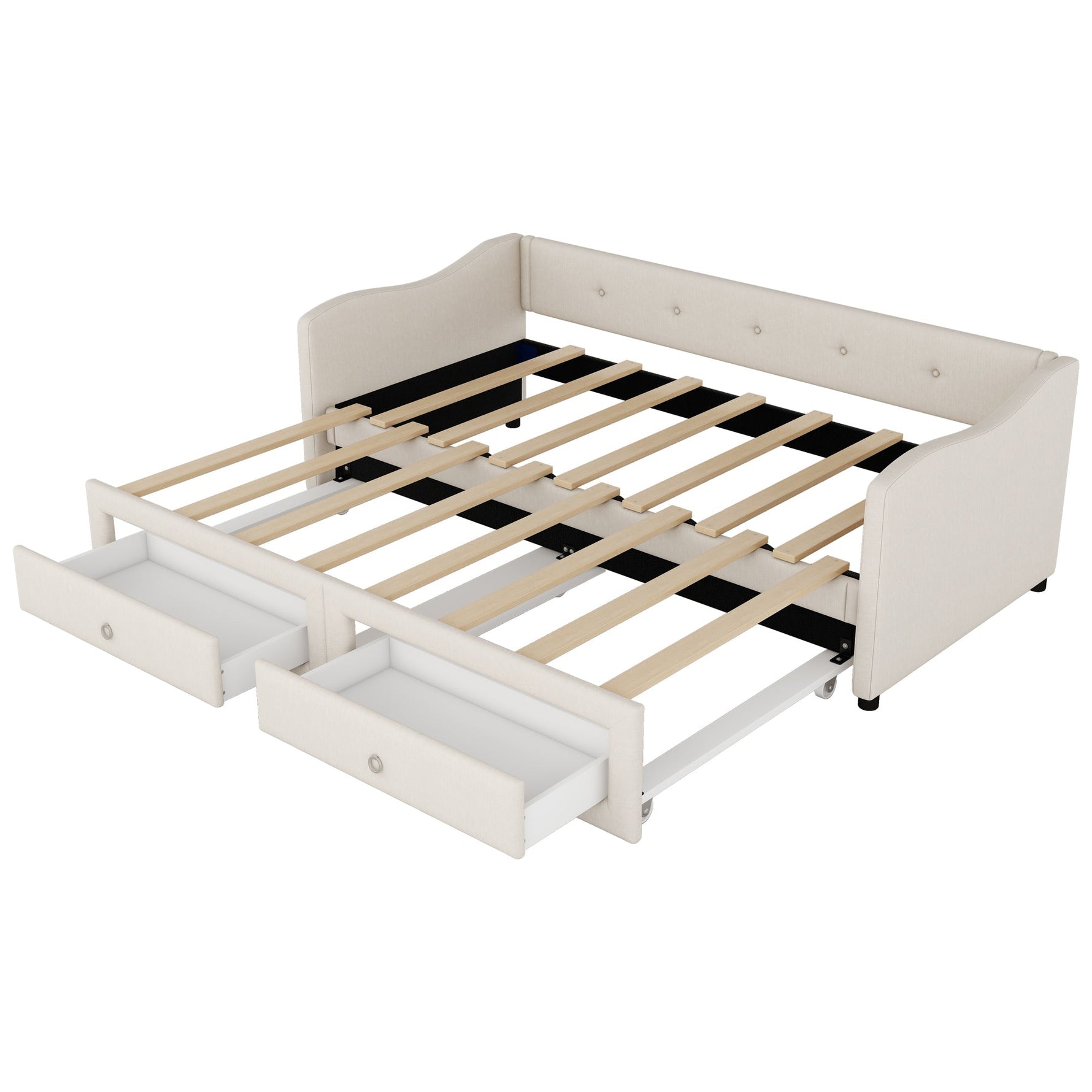 Daybed Sofa Bed 90x200cm Pull-Out Storage Drawers Linen Beige
