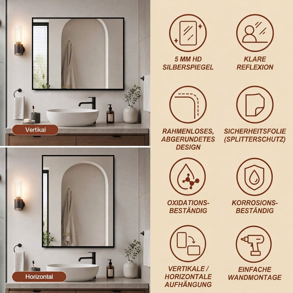 Bathroom Mirror 60x80 cm, HD Wall Mount, Black Aluminum Frame