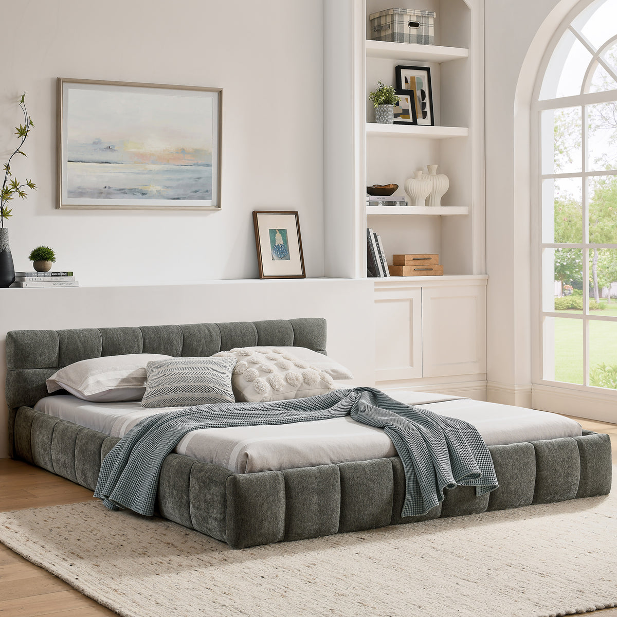 Double Bed 160x200cm Square Quilted, Dark Grey Chenille