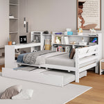 Solid Wood Sofa Bed 90x200cm Desk Bookshelves Pull-out Bed, Multifunctional White