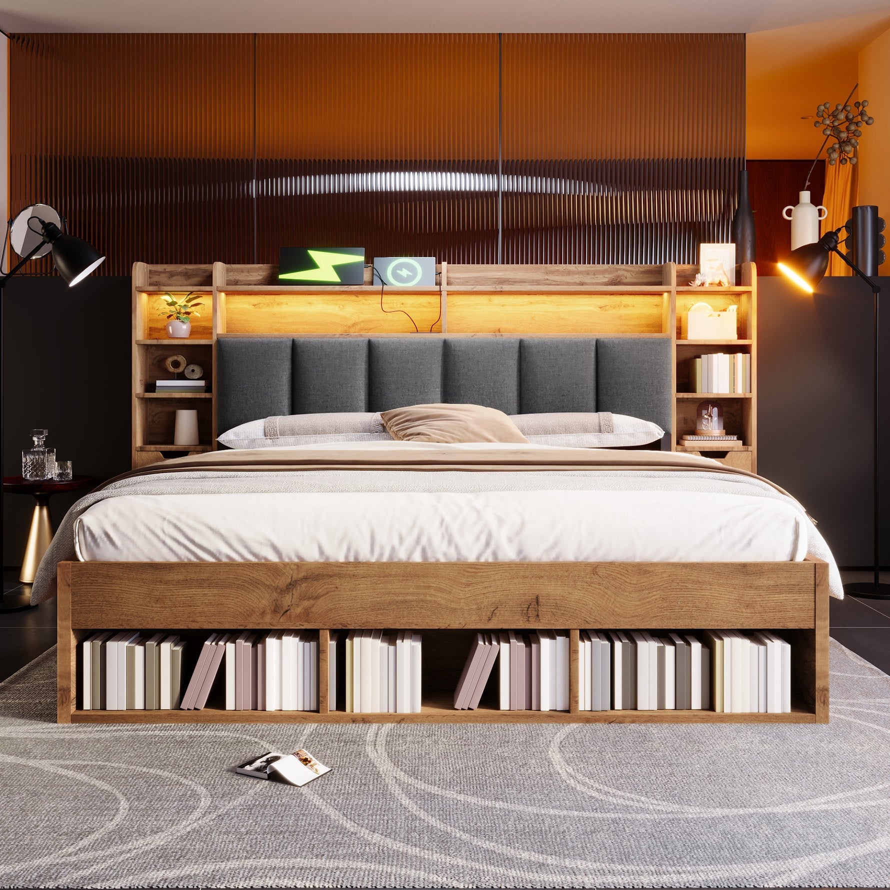 Double Bed System Bed with LED Headboard, Bedside Tables, USB Ports and Storage, 160x200cm, Oak Finish