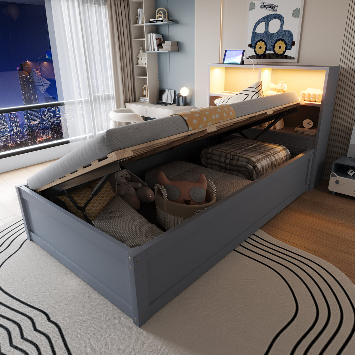 Multifunctional Hydraulic Sofa Bed 90x200 with Storage & LED, Grey