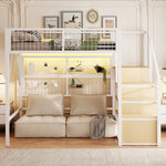 Loft Bed, 140x200 with LED Light Strips & Storage Stairs, Metal White